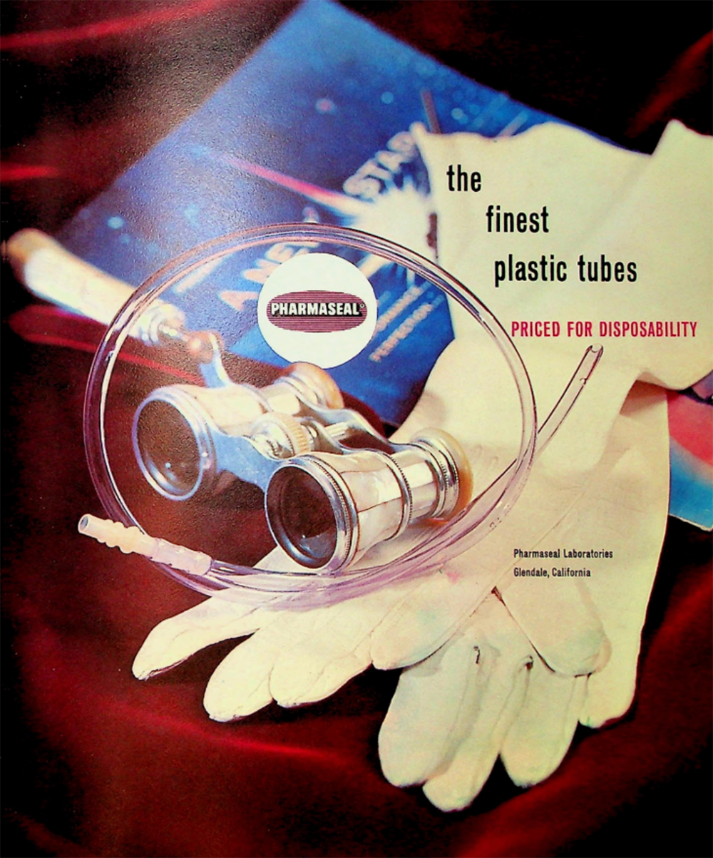 A 1960s advert with saturated colours showing plastic medical tuning, gloves and overlayed text.