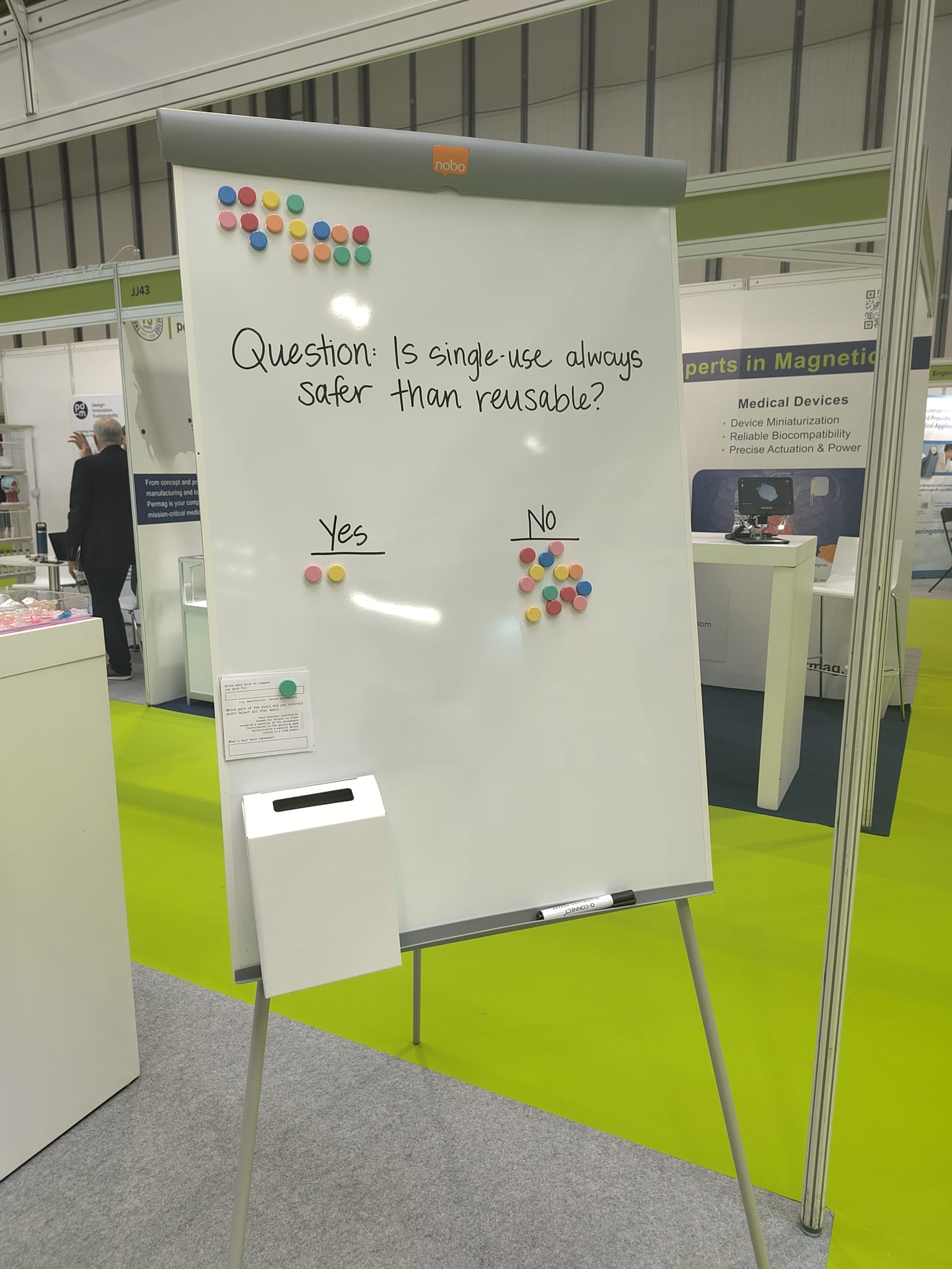 A whiteboard at a conference that reads" "is single-use always safer than reusable?"
