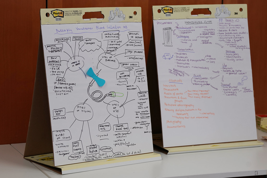 Flipcharts tracking the lifecycle of butterfly needles and haemodialsis filters.