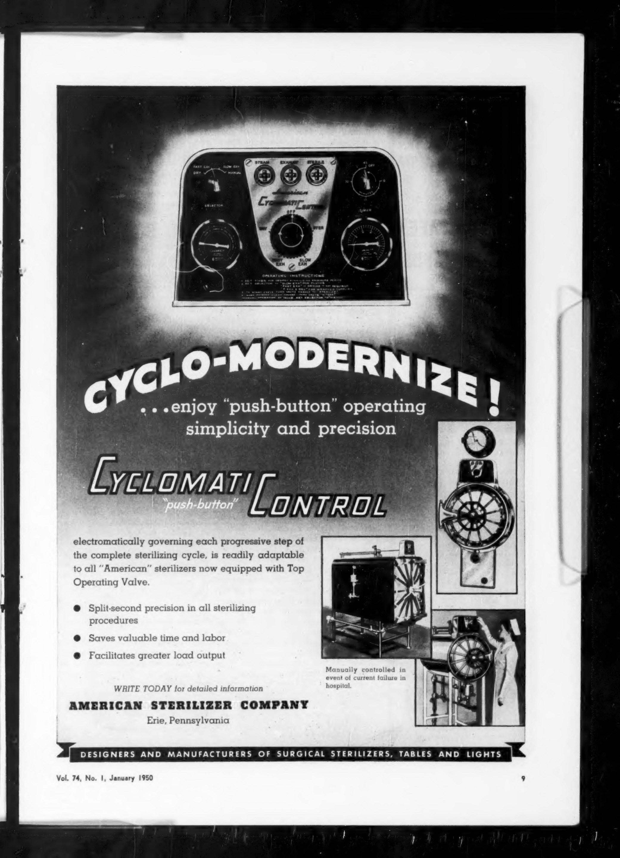 A black and white advert with the cycle-modernize shown with dials in a bright texturised glow. More images of the machine in action and it's large size are shown in the advert.
