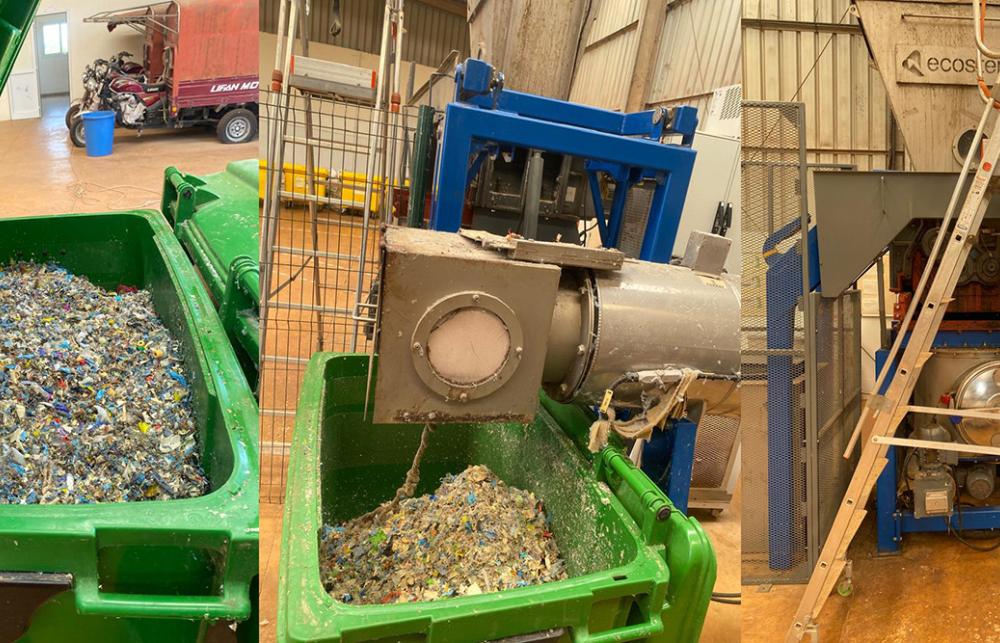 A large green bin of shredded plastic and metal waste is shown in three images. On the right is the Ecostery machine that processes the waste.