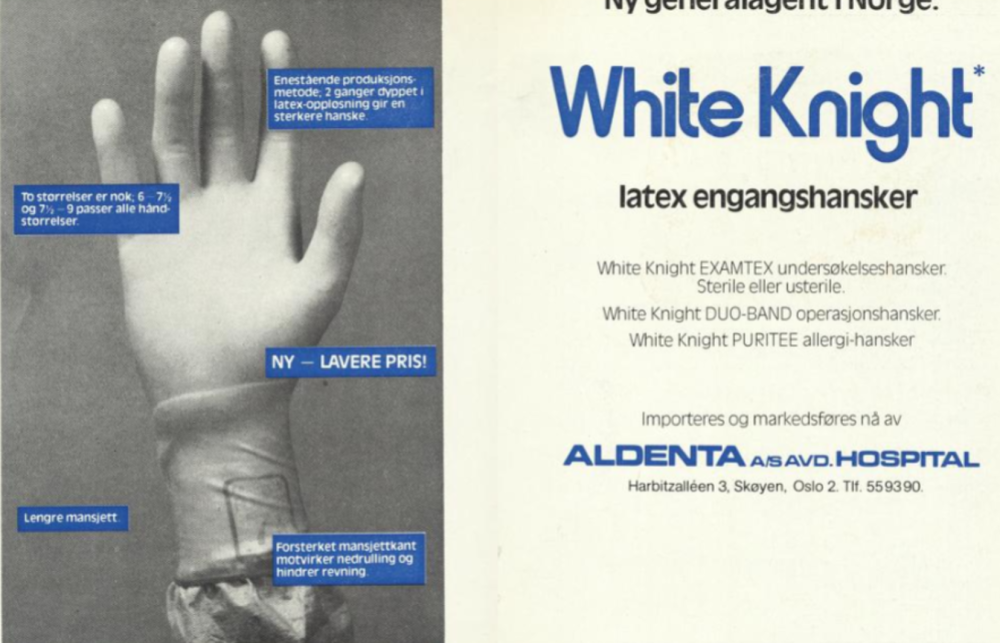 An advertisement for a plastic glove called "White Knight". The saturated Norwegian advertisement shows a single hand in the glove with annotations about its benefits.  