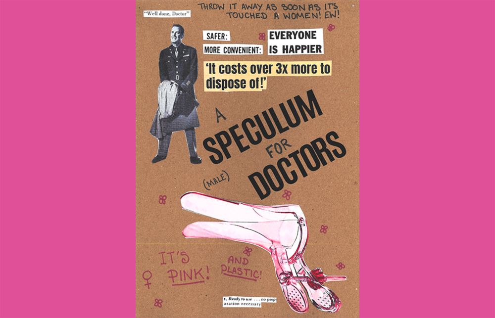 An A3 poster adverting a plastic speculum that has a cut out magazine doctor with a satirical headline. 