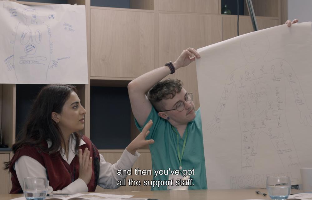 Two healthcare professionals are in a beige conference room holding up a large sheet of paper with strategic notes written in red sharpie. 