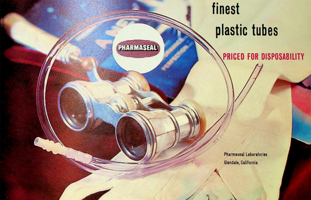 A 1960s advert with saturated colours showing plastic medical tuning, gloves and overlayed text.
